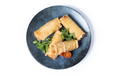 Beyaz zemin üzerinde izole edilmiş seramik tabakta gevrek bahar ruloları