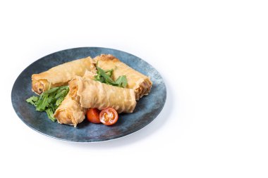 Beyaz zemin üzerinde izole edilmiş seramik tabakta gevrek bahar ruloları