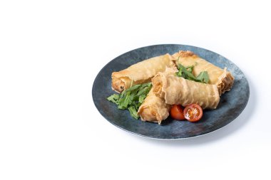 Beyaz arka planda izole edilmiş seramik tabakta çıtır çıtır börek. Boşluğu kopyala