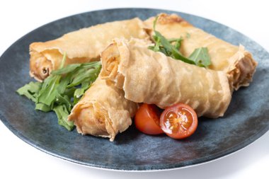 Beyaz zemin üzerinde izole edilmiş seramik tabakta gevrek bahar ruloları