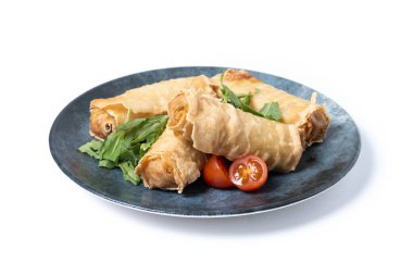 Beyaz zemin üzerinde izole edilmiş seramik tabakta gevrek bahar ruloları