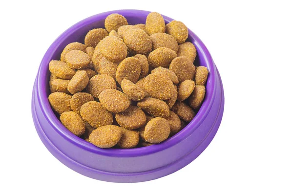 Ausgewogene Fütterung Für Katzen Und Hunde Einer Violetten Schale Trockenfutter — Stockfoto