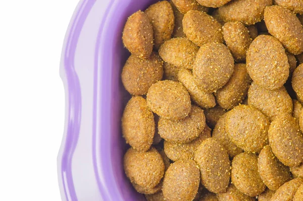 Ausgewogene Fütterung Für Katzen Und Hunde Einer Violetten Schale Trockenfutter — Stockfoto