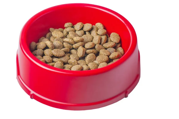 Ausgewogene Ernährung Für Haustiere Runde Trockenfutter Einer Roten Schüssel Isoliert — Stockfoto