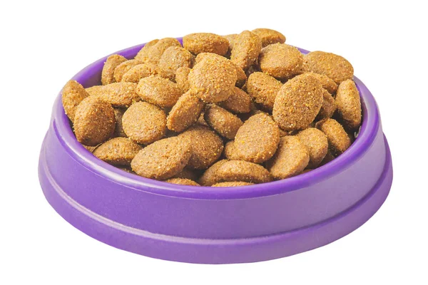 Ausgewogene Ernährung Für Haustiere Runde Trockenfutter Einer Violetten Schüssel Isoliert — Stockfoto