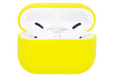 Headphones on a white background. White wireless headphones in a yellow case isolated on white.