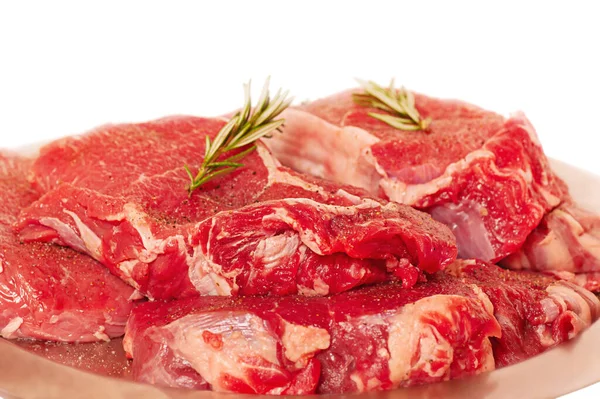 Beef Steaks Metal Plate Meat Cooking Rosemary Isolated White Imagens De Bancos De Imagens