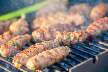 Piknik, yemek pişirme. Pirzola, Lyula kebap, baharat ve otla kıyma ızgarada hazır..