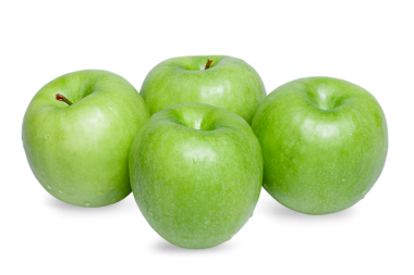 Dört yeşil elma ve su damlası izole edilir..