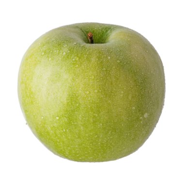 Elmalı su damlası. Beyaz arkaplanda yeşil elma izole edildi