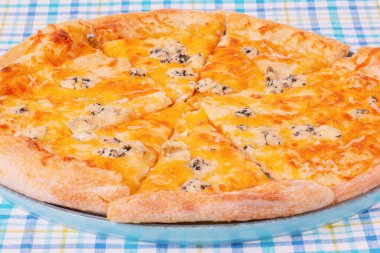 Turkuaz bir tabakta peynirli pizza ve kareli masa örtüsü.