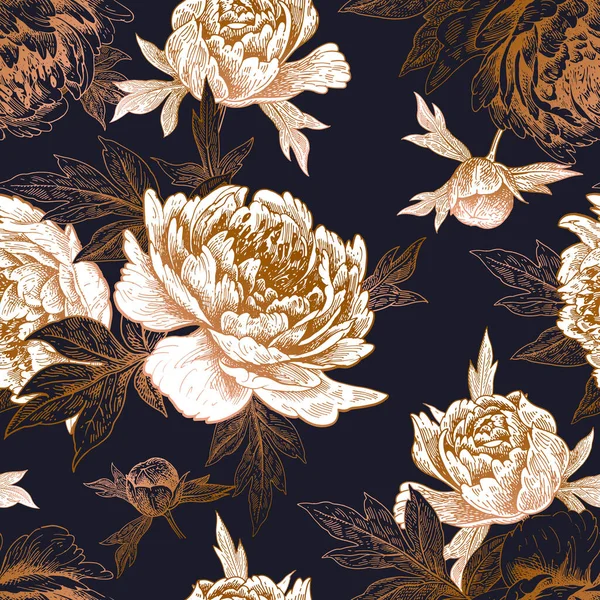 Patrón Floral Sin Costuras Hojas Flores Hermosas Peonías Jardín Ilustración — Vector de stock