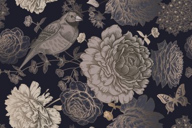 Çiçekli yaz geçmişi. Siyah ve beyaz pürüzsüz desen. Çiçekler, kuşlar ve kelebekler. Güller, şakayıklar, ortancalar. Kağıt, duvar kâğıdı ve tekstil için klasik şablon. Vektör illüstrasyonu.