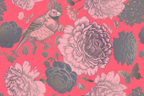 Luxury Floral Nahtloses Muster Blühende Blumen Vögel Und Schmetterlinge Gartenblumen — Stockvektor