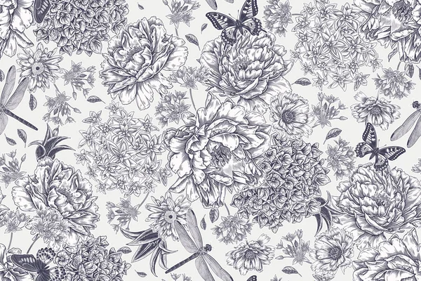 Peonies, hydrangea, asters, butterflies and dragonflies. Seamless summer pattern. Luxurious garden flowers and insects. Vintage. Vector illustration. Black and white background.