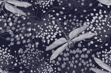 Dekoratif çiçek açan otlar ve yusufçuklar. Siyah beyaz arka plan. Koyu, pürüzsüz çiçek deseni. Vektör sanat illüstrasyonu. Tekstil, kağıt, duvar kağıdı şablonu. Eski.