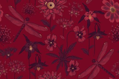 Şirin kır çiçekleri ve yusufçuklar kusursuz desenli. Çiçekler ve böcekler. Vektör sanat illüstrasyonu. Burgundy arka plan ve altın folyo baskısı. Tekstil, kağıt ve duvar kağıtları için çiçek deseni. Eski.