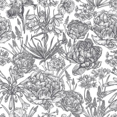 Çiçeksiz desen. Bahar çiçekleri laleler, nergisler, çuha çiçekleri, süsenler. Siyah beyaz arka plan. Tekstil, duvar kâğıdı, kağıt şablonu. Eski model. Vektör illüstrasyonu.