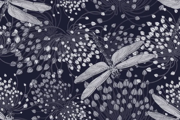 Decorative Flowering Herbs Dragonflies Black White Background Dark Seamless Floral — Stock Vector