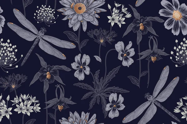 Lindas Flores Silvestres Libélulas Patrón Sin Costuras Flores Insectos Ilustración — Archivo Imágenes Vectoriales