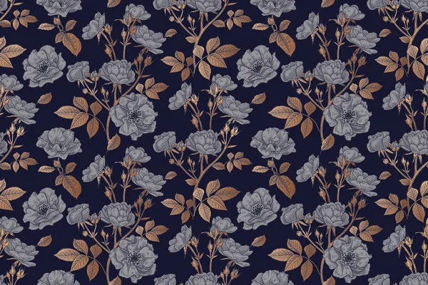 Темный Фон Нежный Цветочный Узор Листья Ветви Цветы Мелких Декоративных — стоковый вектор