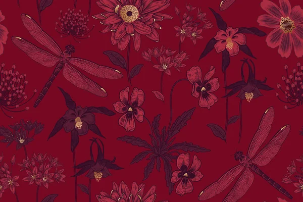 Cute Dzikie Kwiaty Ważki Bezszwowe Wzór Kwiaty Owady Ilustracja Sztuki — Wektor stockowy