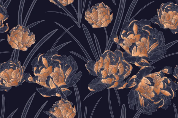 Σκούρα Λουλούδια Πολυτελείας Χωρίς Ραφή Μοτίβο Ανοιξιάτικες Τουλίπες Μαύρο Και — Διανυσματικό Αρχείο