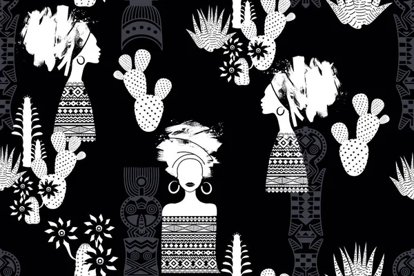 非洲妇女 非洲图案和仙人掌花 Blm主题 黑色和白色无缝背景 抽象笔划和手绘图形 — 图库矢量图片