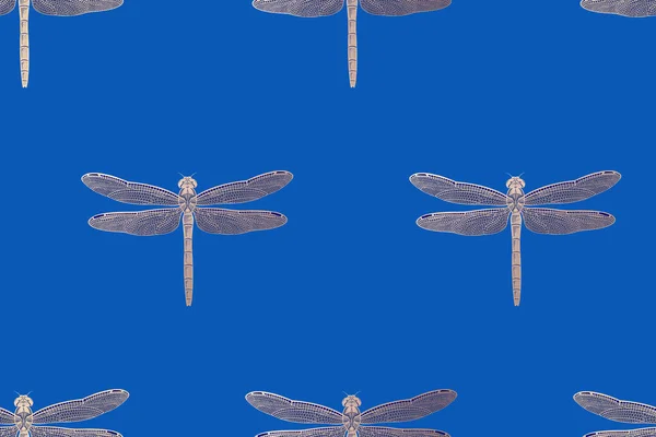 Gouden Libellen Een Helderblauwe Achtergrond Naadloos Patroon Minimalistische Achtergrond Vector — Stockvector
