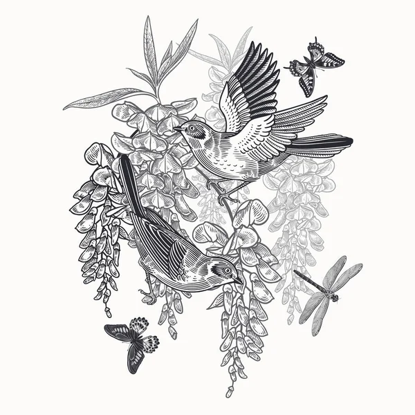 Весільна Картка Милі Птахи Метелики Бабка Гілках Дерев Квітковий Візерунок — стоковий вектор