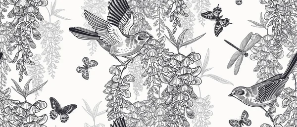 Roztomilí Ptáci Motýli Vážky Větvích Stromů Wisteria Liana Květinový Vzor — Stockový vektor