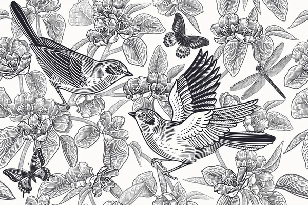 Χαριτωμένα Πουλιά Στα Κλαδιά Πεταλούδες Και Λιβελούλες Λουλούδια Και Φύλλα — Διανυσματικό Αρχείο