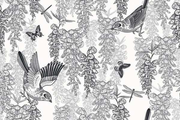 Γλυκά Πουλιά Πεταλούδες Και Λιβελούλες Στα Κλαδιά Του Δέντρου Γουιστέρια — Διανυσματικό Αρχείο