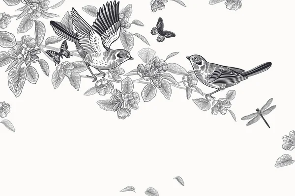 Karta Ślubna Słodkie Ptaki Gałęziach Kwitnącego Drzewa Motyli Ważki Wiosenny — Wektor stockowy