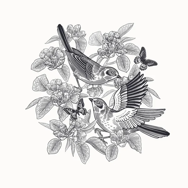 Cartão Casamento Pássaros Bonitos Nos Ramos Árvore Florescente Borboletas Libélula — Vetor de Stock