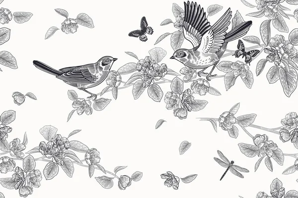 Niedliche Vögel Auf Den Zweigen Schmetterlinge Libellen Blumen Und Blätter — Stockvektor