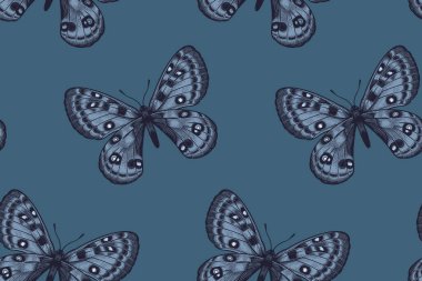 Uçan grafik soyut kelebekler. Donanma mavisi çizimi. Kusursuz kumaş desenleri, tekstil, yastık izleri, yazlık giysiler, vitrin süslemeleri. Moda arkaplanı.