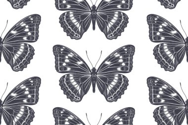 Uçan grafik soyut kelebekler. Siyah beyaz çizim. Kumaşlar, tekstil, yastık izleri, yaz giysileri, vitrin süslemeleri için kusursuz desenler. Moda arkaplanı.