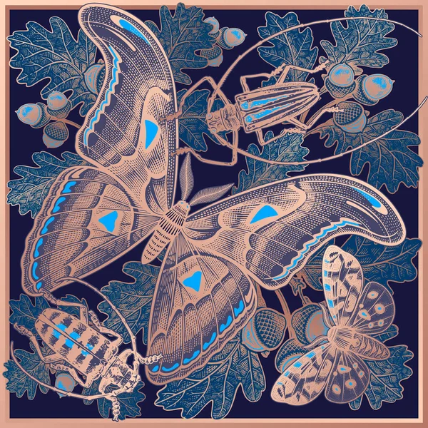 Noční Motýli Brouci Dubové Větve Listy Žaludy Temný Vzor Zlatá — Stockový vektor