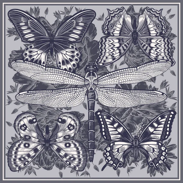 Zwart Wit Patroon Vlinders Libellen Achtergrond Van Tuin Bloemen Sjabloon — Stockvector
