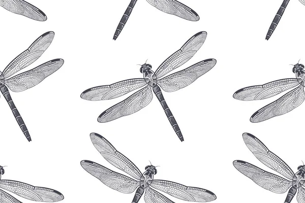 Dragonfly Seamless Pattern Vector Black White Illustration Insects Vintage Engraving — Stock Vector