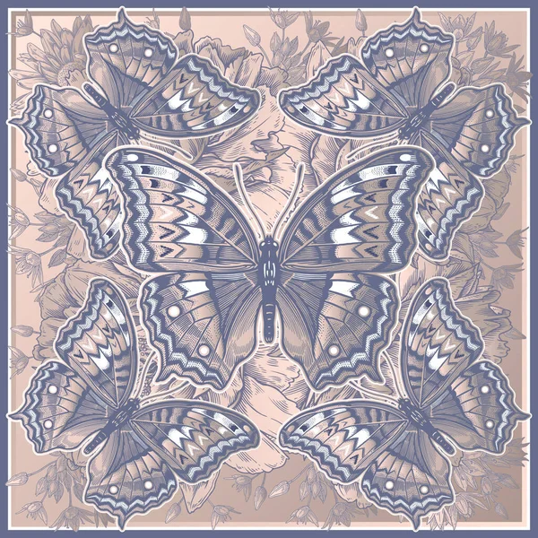 Lyxmönster Fjärilar Trädgård Blommor Bakgrund Grå Vit Och Guldfolie Mall — Stock vektor