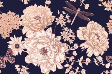 Karanlık Kusursuz Desen. Çiçek Özgeçmişi. Siyah, beyaz, altın. Çiçekler, Kelebekler, Yusufçuk. Güller, şakayıklar, ortancalar. Kağıt, duvar kâğıdı ve tekstil için klasik şablon. Vektör İllüstrasyonu