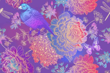 Çiçekli yaz geçmişi. Altın ve menekşe pürüzsüz desen. Çiçekler, kuşlar ve kelebekler. Güller, şakayıklar, ortancalar. Kağıt, duvar kâğıdı ve tekstil için klasik şablon. Vektör illüstrasyonu.