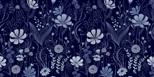 Marineblauer Vintage Hintergrund Niedliche Wildblumen Und Kräuter Nahtlose Muster Vorlage — Stockvektor
