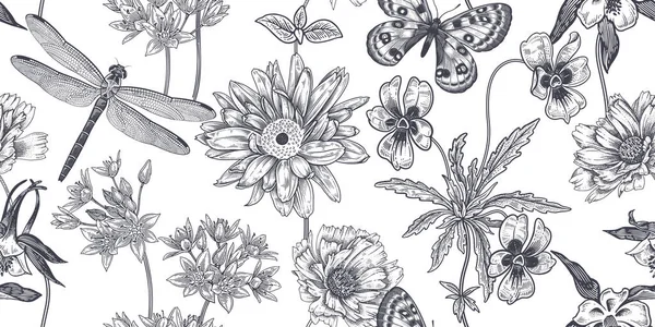 Fondo Floral Verano Patrón Sin Costura Blanco Negro Flores Silvestres — Archivo Imágenes Vectoriales