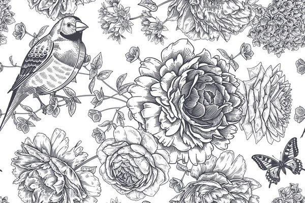 Floraler Sommer Hintergrund Nahtloses Schwarz Weiß Muster Blühende Blumen Vögel — Stockvektor