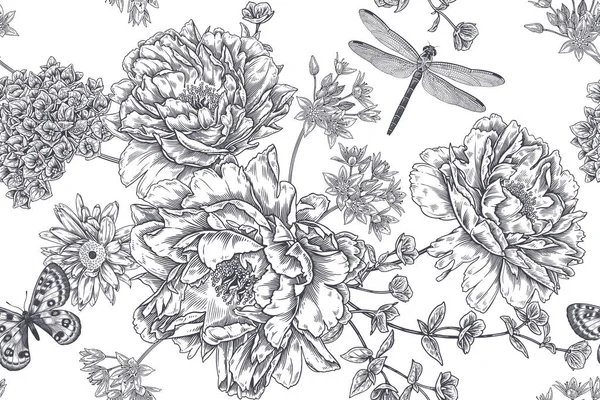 Floral Καλοκαιρινό Φόντο Μαύρο Και Άσπρο Χωρίς Ραφή Μοτίβο Ανθισμένα — Διανυσματικό Αρχείο
