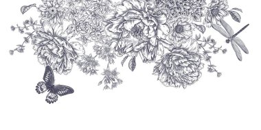 Lüks çiçek açan şakayık, ortanca, lale ve papatya çelenkleri. Çiçekler, kelebekler ve yusufçuk. Beyaz arka plan ve siyah grafik. Klasik botanik çizimi. Düğün çiçeği süslemesi..