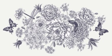 Lüks çiçek açan şakayık, ortanca, lale ve papatya çelenkleri. Çiçekler, kelebekler ve yusufçuk. Beyaz arka plan ve siyah grafik. Klasik botanik çizimi. Düğün çiçeği süslemesi..